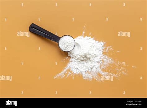 White Whey Protein Powder In Scoop Sport Nutrition Concept Stock Photo