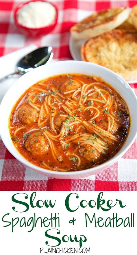 A Bowl Of Slow Cooker Spaghetti And Meatball Soup With Bread On The Side