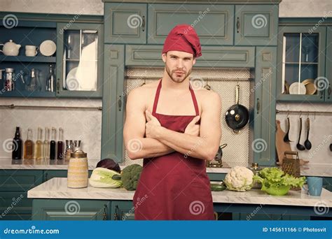 Man Attractive Nude Chef Wear Apron And Hat Muscular Chef In Front Of