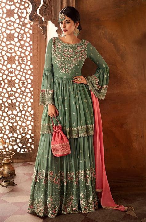 Sage Green Coral Pink Designer Heavy Embroidered Georgette Sharara