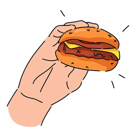 hand holding burger in line art style with color. isolated on white ...