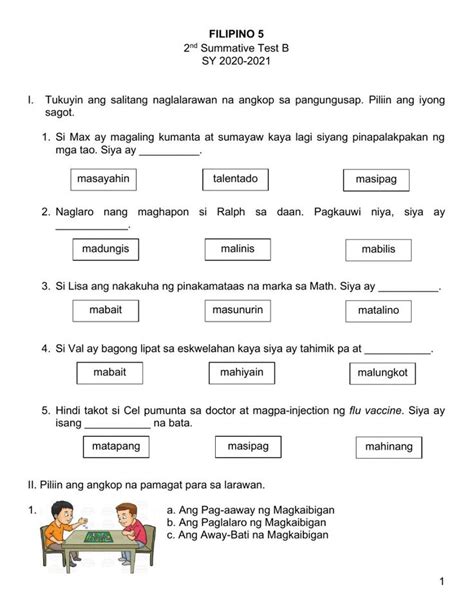 Filipino Nd Qtr Summative Test B Worksheet Summative Test