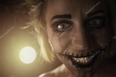 horrible girl  scary mouth  eyes stock photo olinchuk