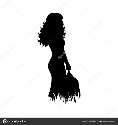 Vector Silhouette Woman Who Standing Backpack Grass White Background