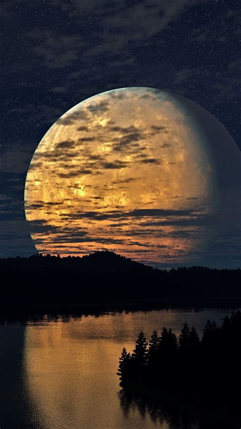 Night Sky Moon Trees River Reflection iPhone 8 Wallpapers Free Download