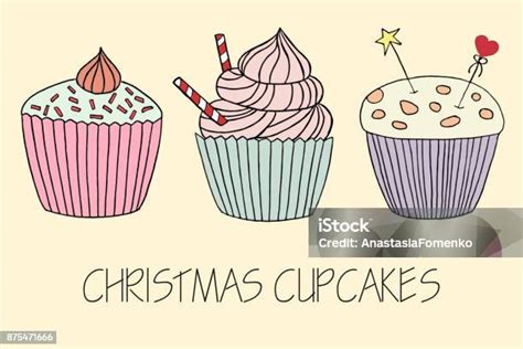 Vektör Cupcake Çizim Elle Çizilmiş Cupcakes Kümesi Doodle Kek Krem Ve Çilek Ile Stok Vektör