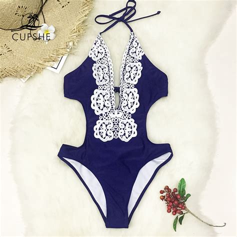 Cupshe Dark Blue And White Lace Halter One Piece Swimsuit Women Cutout