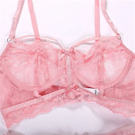 See Through Lace Mini Bow Decor Underwear Women Sexy Romantic Pink Classy Women Sexy Lingerie