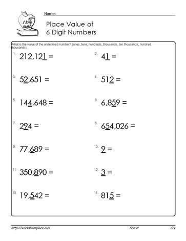 Place Value Up to 6 Digits Worksheets