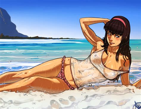 Hentai Busty Girl Alluring Beach Bikini Bikini Bottom Only Breasts Brown Eyes Covered