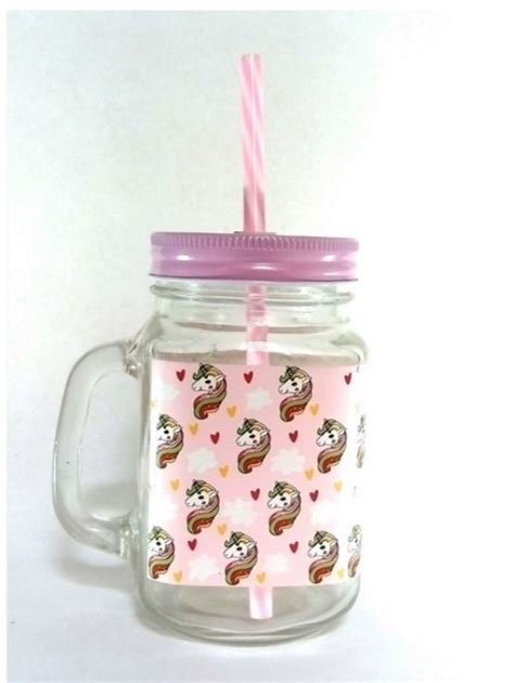 Copo de Vidro Mason Jar Unicórnio Caneca Jarra 450ml Color Canequinha