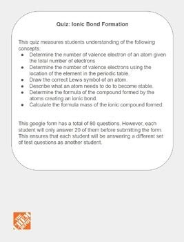 Quiz Ionic Bond Formation/ Ionic Bonding by The Chem Depot | TPT