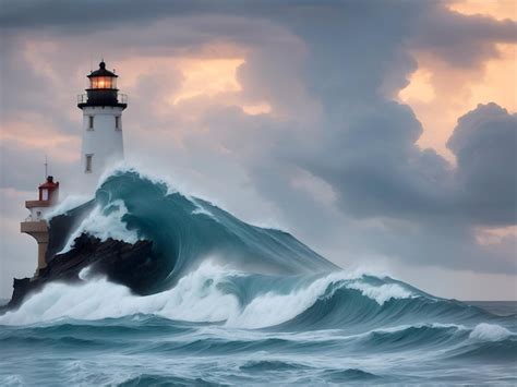 Premium Ai Image Waves Hitting A Lighthouse In A Stormy Day