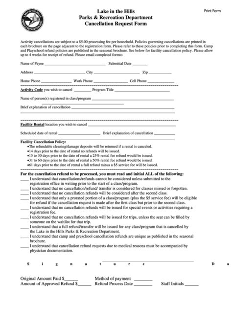 Fillable Cancellation Request Form Lake In The Hills Parks