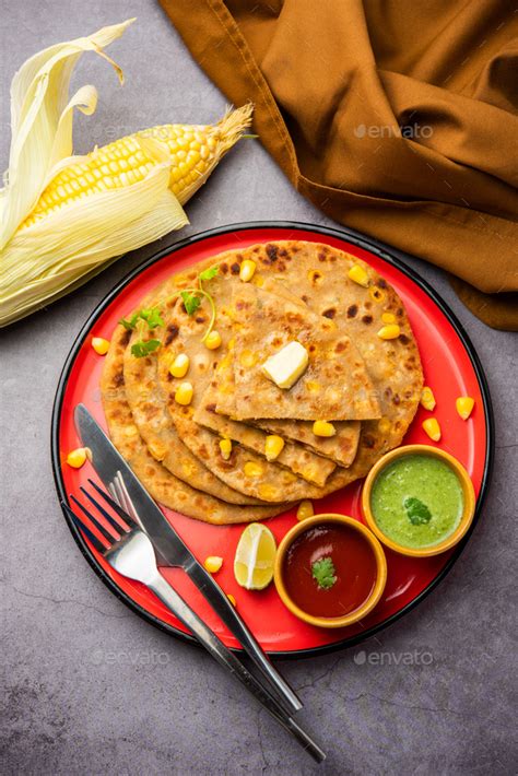 Sweet Corn Stuffed Paratha Or Parotha Served In A Plate Indian