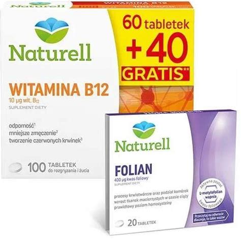 Naturell Witamina B12 10 µg 60 tabl 40 tabl Folian kwas foliowy 20