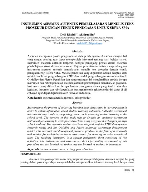 Pdf Instrumen Asesmen Autentik Pembelajaran Menulis Teks Prosedur