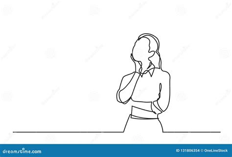 Continuous Line Drawing Of Standing Woman Thinking Stock Vector