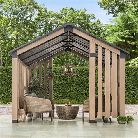 Sunjoy Outdoor Patio 11x11 Black Wooden Frame Privacy Screen Backyard Aluminum And Steel Hardtop