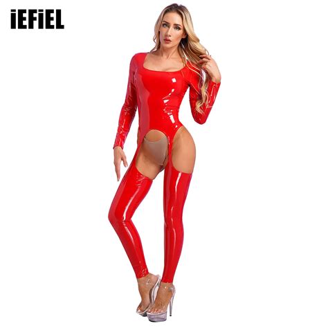 Womens Glossy Patent Leather Lingerie Full Bodysuit Low Square Neck Long Sleeve Open Crotch