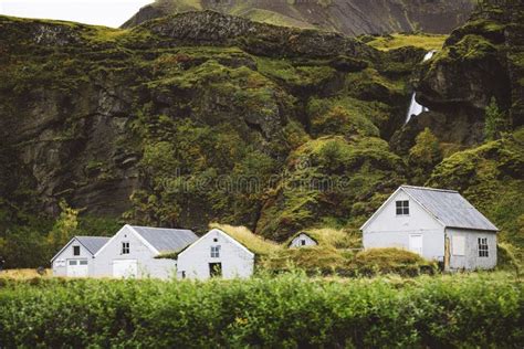 Typical View Of Turf Top Houses In Icelandic Countryside Stock Photo