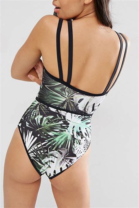 Iyasson Tropical Leaves Printing Strappy One Piece Swimsuit