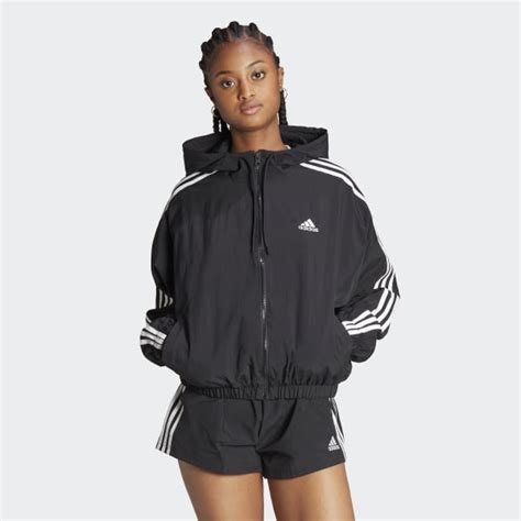 Adidas Essentials 3 Stripes Woven Windbreaker Black Women S