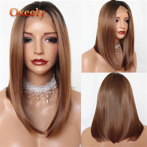 Oxeely Ombre Brown Short Bob Hair Synthetic Lace Front Wigs B Bob