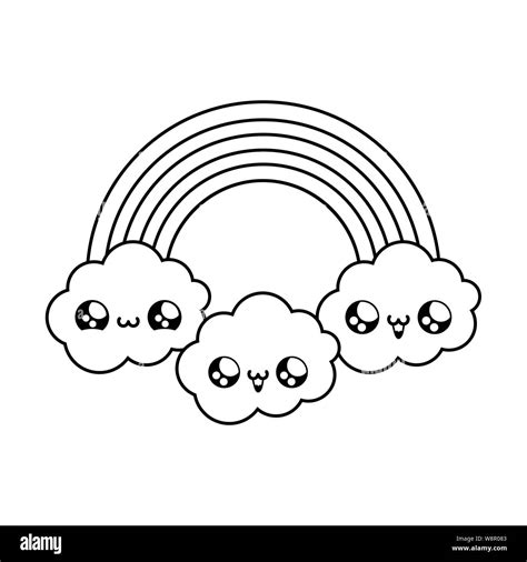 Cute Rainbow With Clouds Kawaii Style Vector Illustration Design Stock