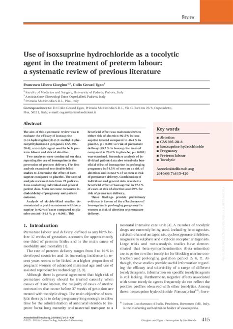 Pdf Use Of Isoxsuprine Hydrochloride As A Tocolytic Agent In The