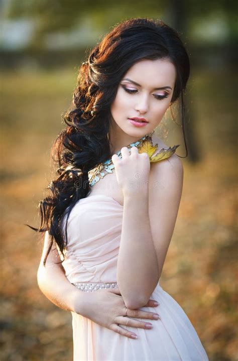 Autumn Portrait Of A Beautiful Girl In Pink Dress Stock Image Image