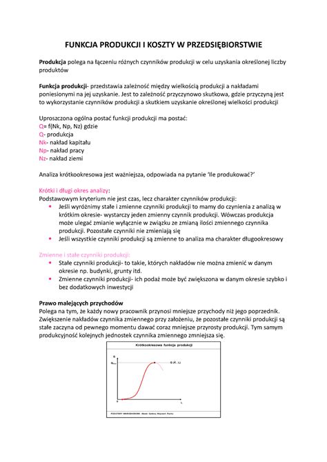Funkcja Produkcji I Koszty W Przedsi Biorstwie Funkcja Produkcji I