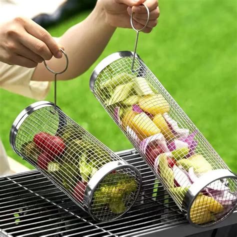 Bbq Rolling Grill Basket Stainless Steel Grilled Cage Round Bbq Grill Mesh For Vegetable Fries