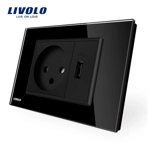 Livolo Power Socket With Usb Charger Black Crystal Glass Panel Ac