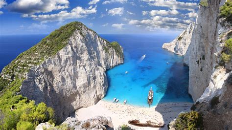 Papéis de Parede Grécia Zakynthos Ilha Mar Praia Rochas Navio