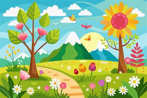 Una ilustración vibrante que representa un paisaje de primavera con un ...