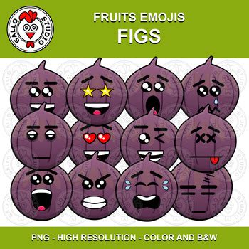 Clipart Fig Emoticons Emotions Emoji Faces Fruits Color BW by Gallo Studio