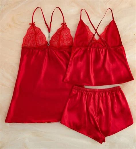 3 Piece Satin Cami Chemise Lounge Set Picture Perfect Lingerie