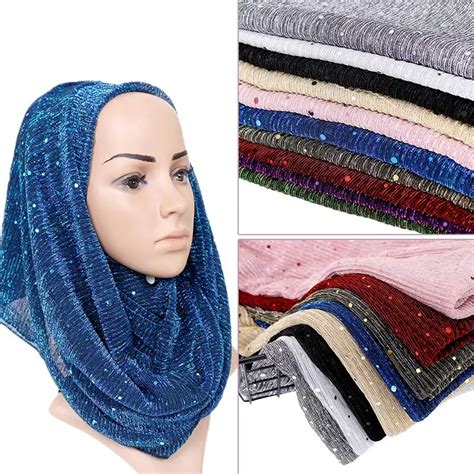 Lmlaven Fashion Lurex Glitter Scarf Shimmer Wrinkle Hijab Pleated Shawl