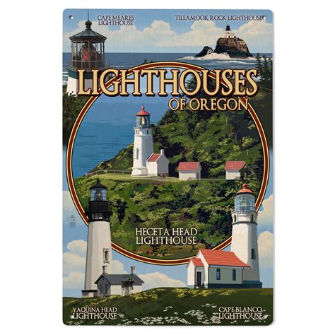Oregon Coast Lighthouses Montage Birch Wood Wall Sign 6x9 Rustic Home