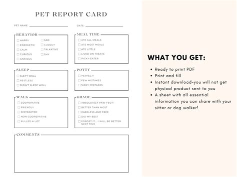 Printable Pet Report Card For Dog Boarding And Pet Sitting Etsy