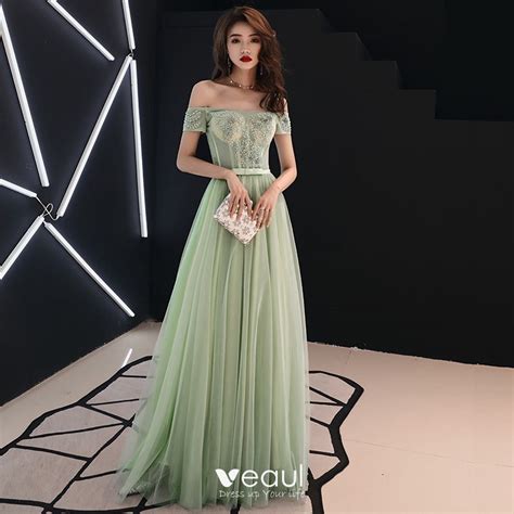 Elegant Sage Green Prom Dresses 2019 A Line Princess Off The Shoulder