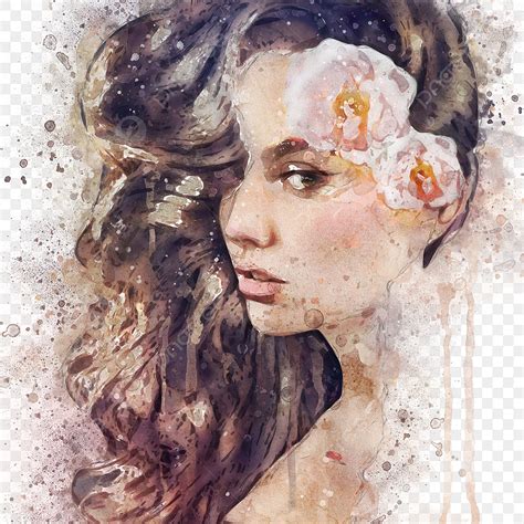 Hand Drawn Elements White Transparent Floral Watercolor Woman Portrait