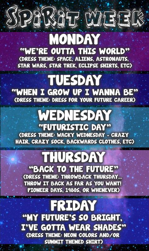 Spirit Week Themes Spirit Day Ideas Spirit Weeks Spirt Week Ideas