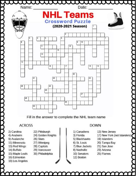 NHL Hockey Teams Crossword Fun Free Printable PDF Puzzletainment