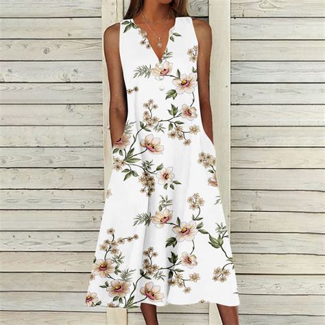 Meichang Floral Dresses For Women 2024 Sleeveless Button V Neck Midi