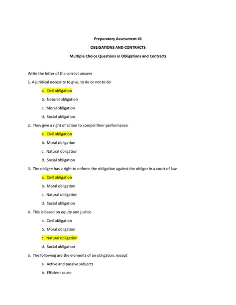 Pa Obli And Contracts Preparatory Assessment Obligations And Contracts Multiple Choice