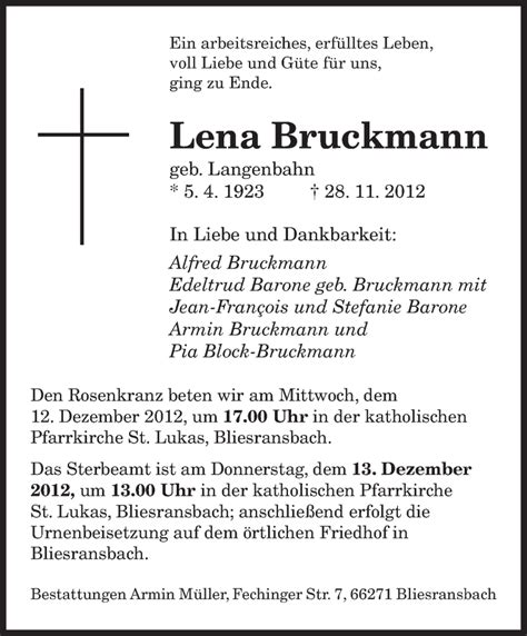 Traueranzeigen Von Lena Bruckmann Trauer De