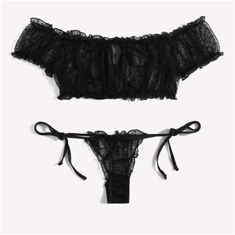 Intimates Sleepwear Sexy Black Two Piece Stretch Lingerie Set Top