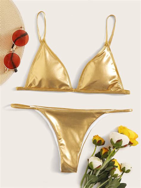 Metallic Triangle Thong Bikini Swimsuit SHEIN USA